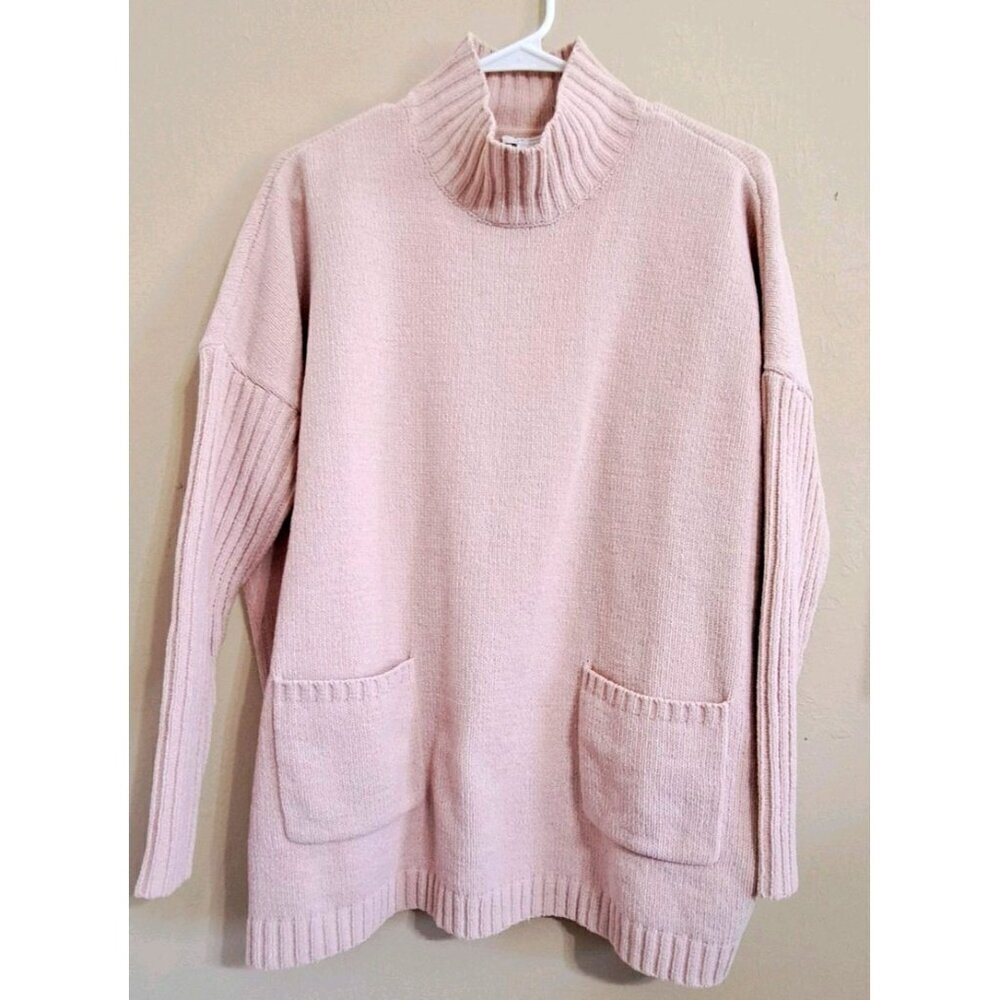 J.Jill Chenille Sweater XS Pink Drop Shoulder Mock Turtleneck Boxy Pockets